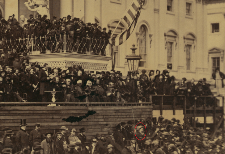 Figure 3. Alexander Gardner, Lincoln’s Second Inaugural, 1865, detail (Frederick Douglass circled). Library of Congress