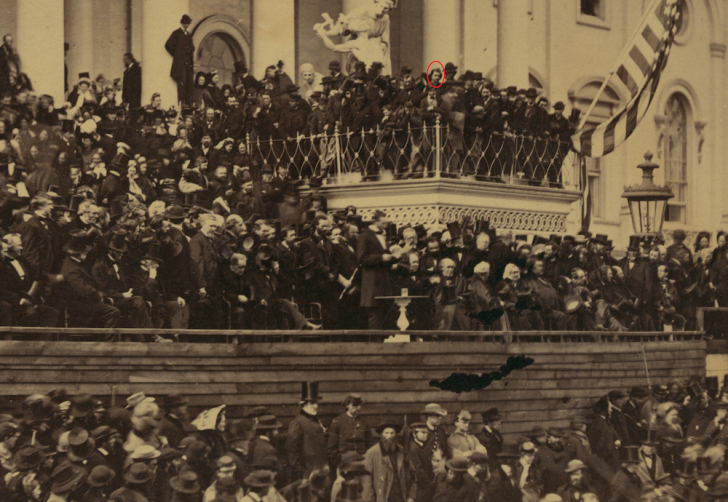 Figure 4. Alexander Gardner, Lincoln’s Second Inaugural, 1865, detail (John Wilkes Booth circled). Library of Congress