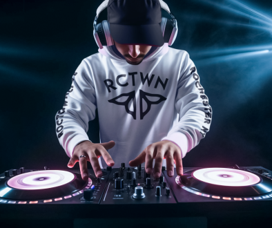 mockup-of-an-ai-generated-dj-wearing-a-pullover-hoodie-in-the-booth-m36408