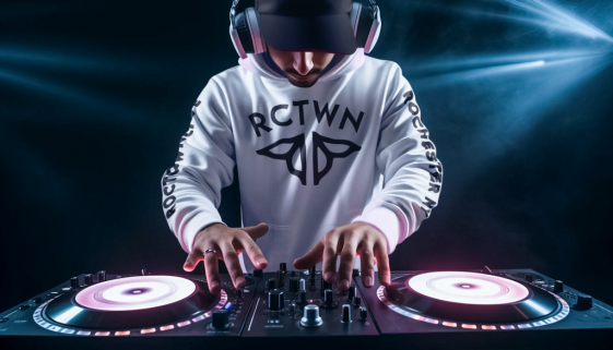 mockup-of-an-ai-generated-dj-wearing-a-pullover-hoodie-in-the-booth-m36408