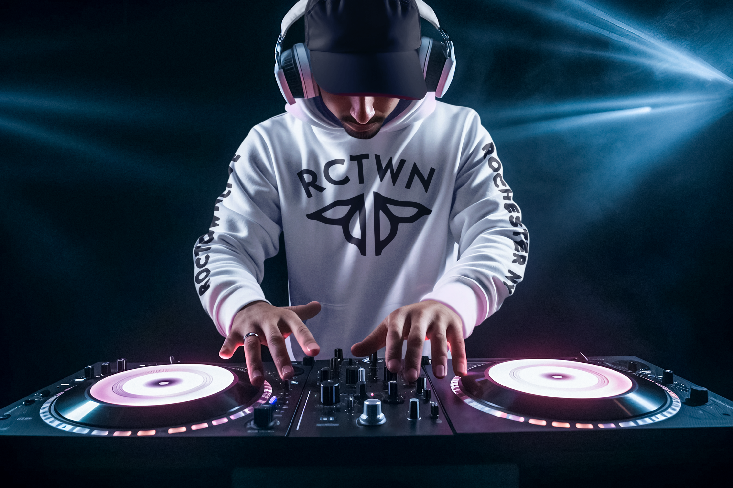 mockup-of-an-ai-generated-dj-wearing-a-pullover-hoodie-in-the-booth-m36408